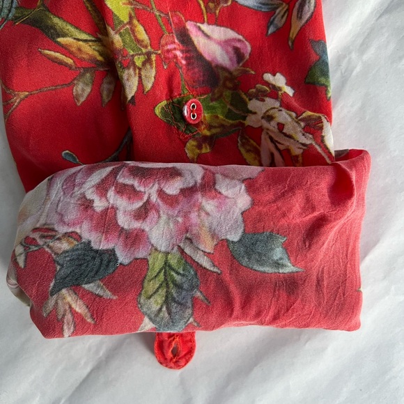 Johnny Was Sheer Button Front Red Multi Color Roll Sleeve Tunic Size L - Picture 12 of 13